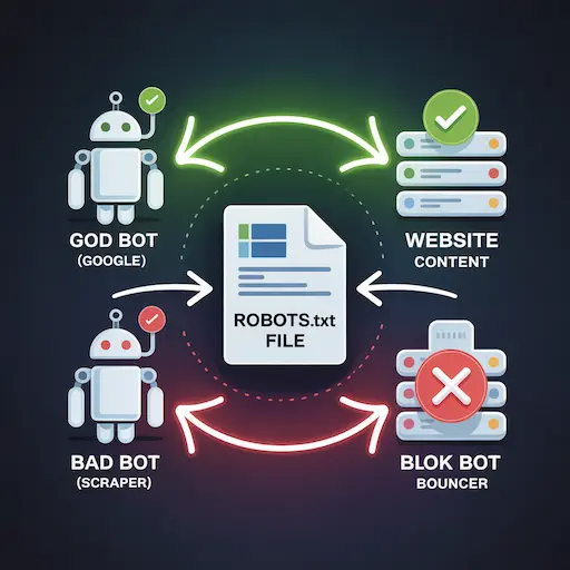 Diagram showing how robots.txt allows good bots and blocks bad bots