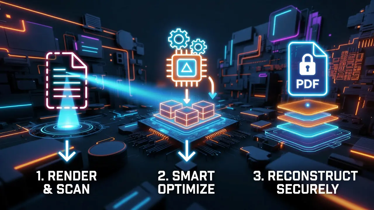 3-step PDF compression process diagram: Render, Optimize, Reconstruct