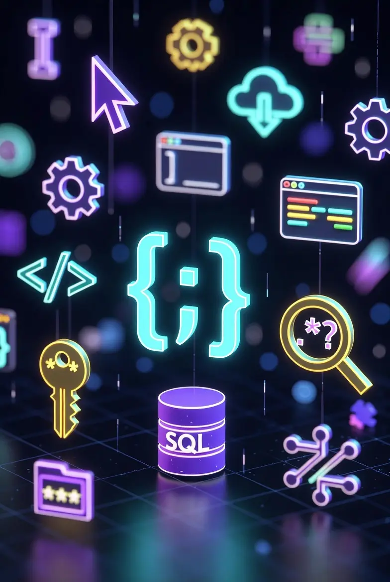 Icons showing various developer tools: JSON, SQL, Regex, and hashing features