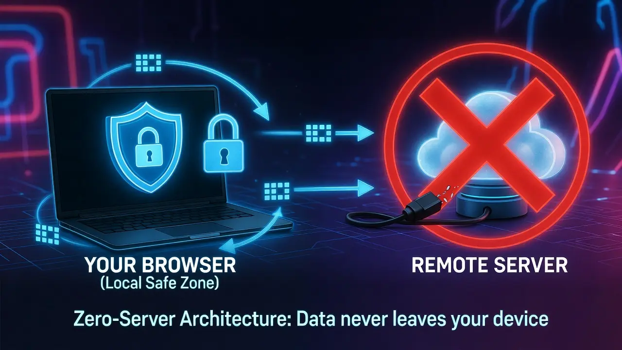 Diagram showing client-side security where data stays in the browser and never reaches a server